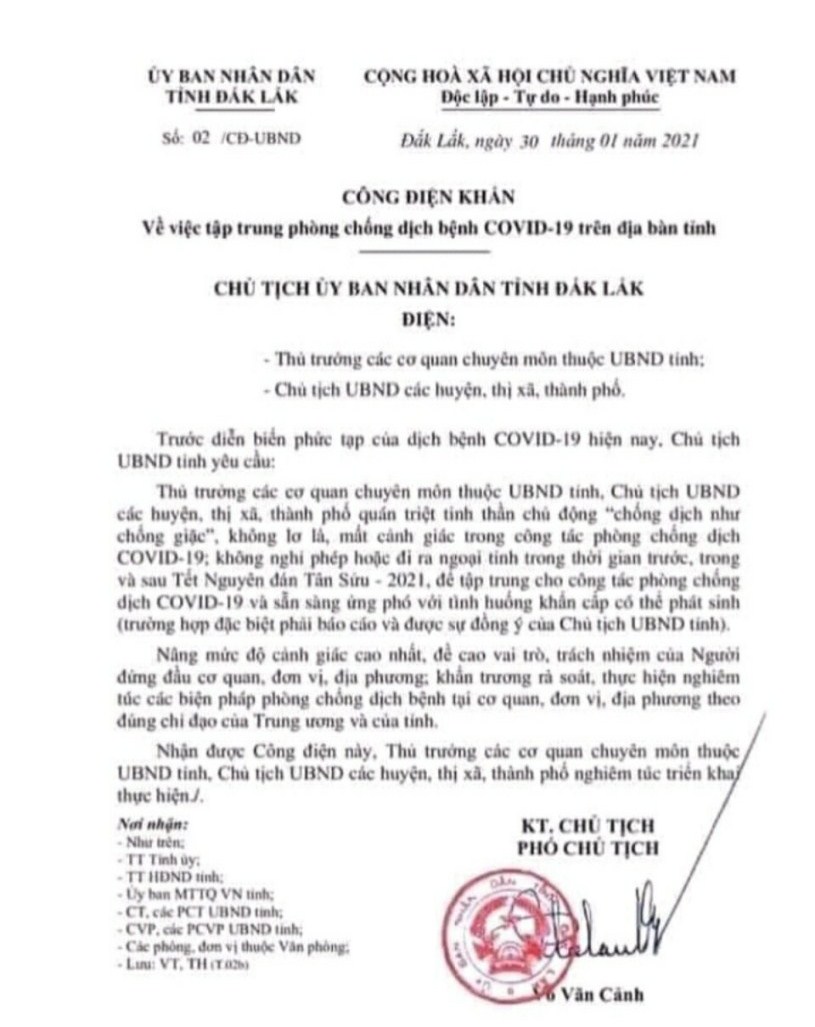 Công điện khẩn của UBND tỉnh về việc tập trung phòng, chống dịch COVID-19 trên địa bàn tỉnh